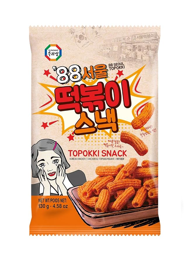 Surasang Tteokbokki Chips, Korean Sweet and Spicy Puffs | Crispy Korean Chips, Street Food Flavor, Korean Snacks Tteokbokki Taste, Pack of 1
