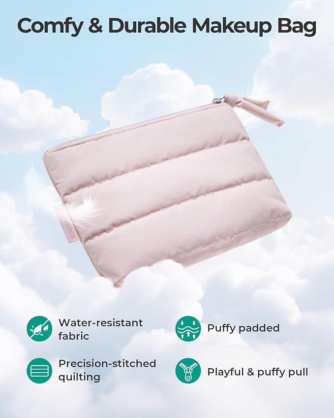 BAGSMART Small Puffy Water-Resist Makeup Bag for Women | Ultra-compact 1.6" profile; disappears into crowded totes, backpacks, carry-ons