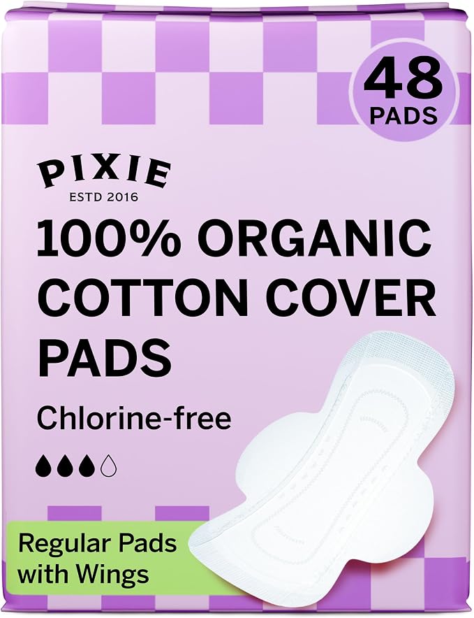 Pixie Organic Pads Ultra Thin Cotton with Wings for Women - Leak-Proof & Moisture-Wicking for Feminine Care - Compostable, Unscented Menstrual Pads - Regular Absorbency - FSA Eligible - 48 Count