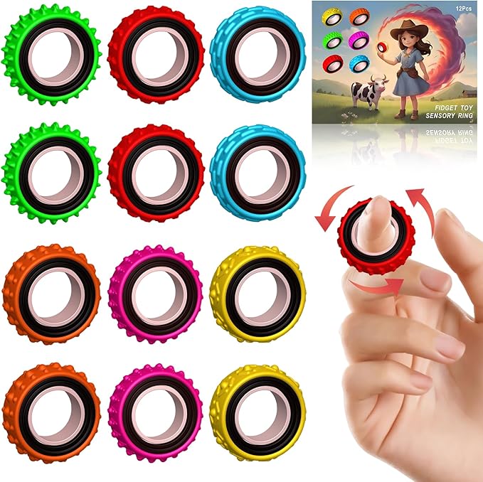 Sensory Toys Fidget Rings for Kids,Finger Spinner Rings,Texture Stress Toys for Kids Autism Calming,Quiet Desk Fidgets for Classroom Anxiety Office for Teens,Pain Stim Stress Relief Sensory Rings(12)