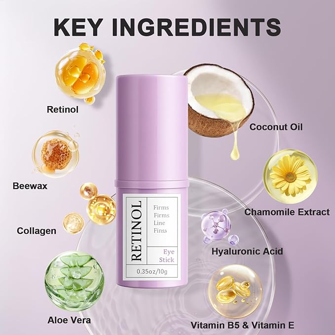 Retinol Eye Stick with Hyaluronic Acid & Collagen - Under Eye Cream for Dark Circles, Puffiness and Wrinkles, Anti-Aging Formula to Reduces Fine Lines, Portable & Gentle Formula, 0.35oz