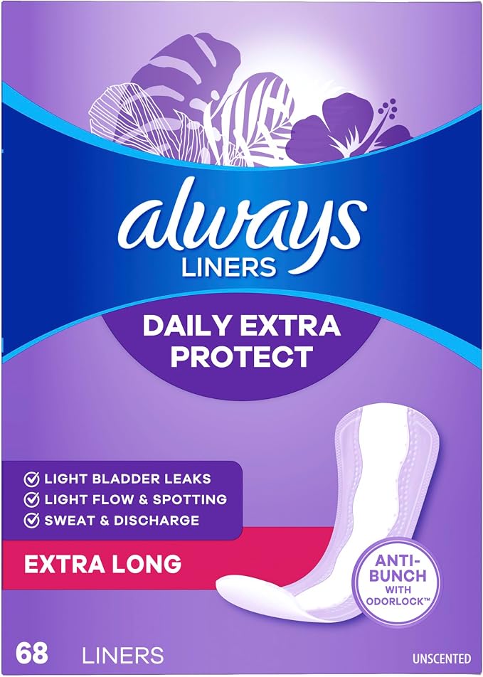 Always Panty Liners for Women Anti-Bunch Xtra Protection Daily Liners, Extra Long, Unscented, 68 Count x 4 (272 total)