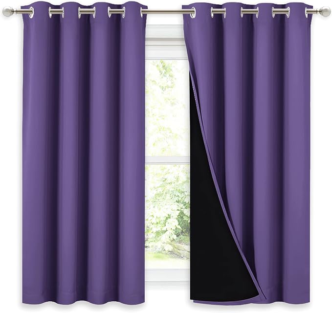NICETOWN 100% Blackout Curtains with Black Liners, Thermal Insulated Full Blackout 2-Layer Lined Drapes, Noise Cancellation Window Drapes for Dining Room (Lilac Purple, 2 Panels, 52" W by 54" L)