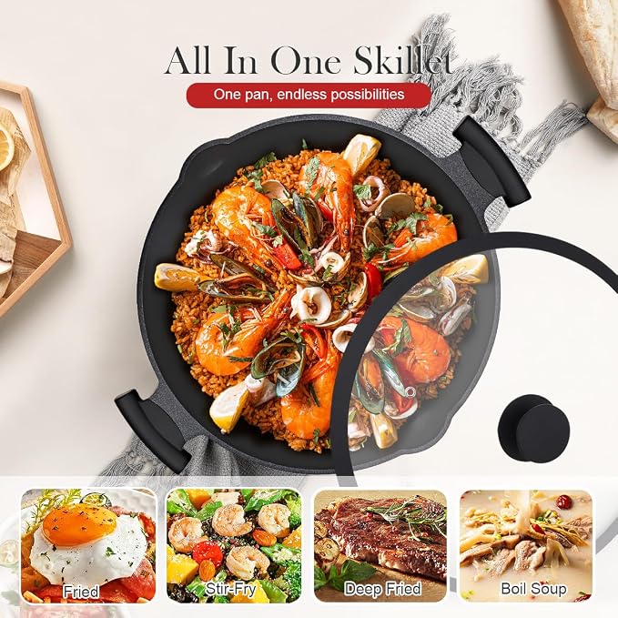 14-Inch Large Deep Frying Pan Skillet with Lid, 5-Quart Non stick Saute Pan, 2-In-1 Nonstick Sauté Pan Everyday Pan with Lid, Compatible with All Stoves, PTFE & PFAS-Free