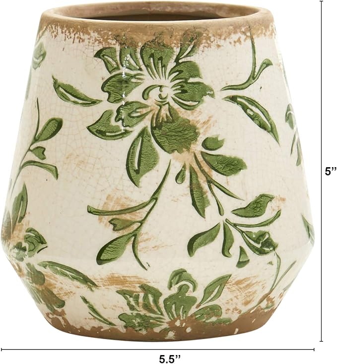 Nearly Natural 5.5 in Tuscan Ceramic Green Scroll Planter Vase Room Decor | Artisanal Floral Pattern, Rugged Square Silhouette, Generous 2.619-Quart Volume, Perfect for a Country-Chic Mantel Accent