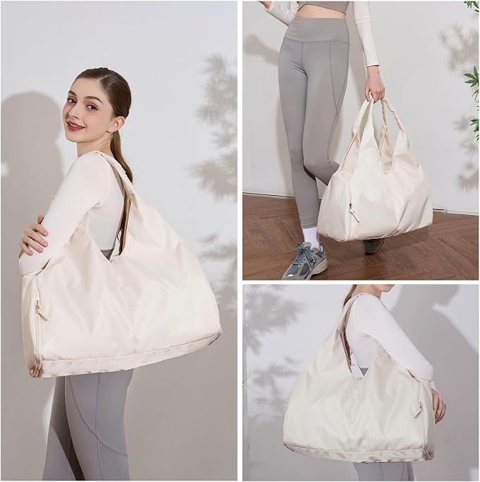 forestfish Yoga Gym Bag for Women with Shoes Compartment & Wet Dry Storage Pockets Lightweight Duffel Bag, Beige