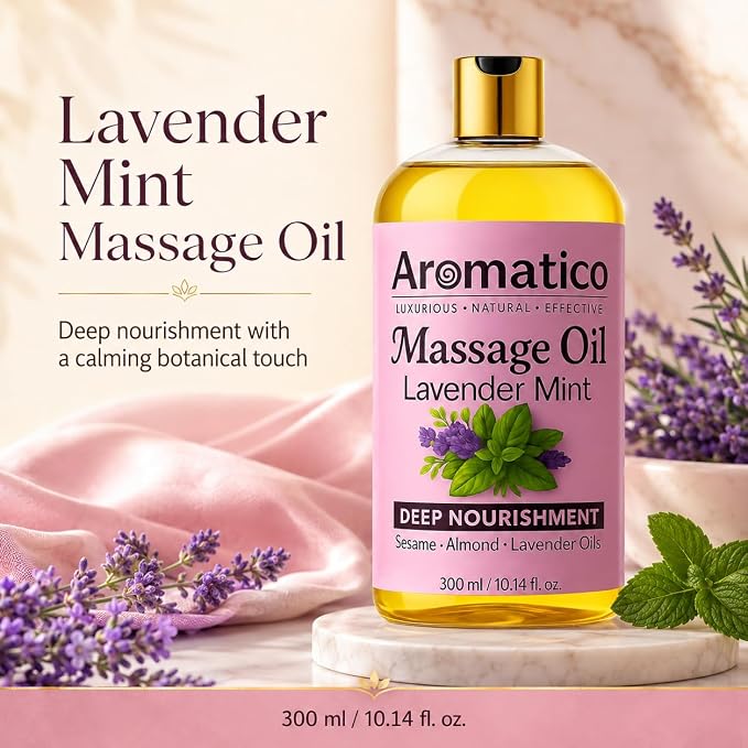 Aromatico Massage Oil with Lavender & Mint Essential Oils, Sesame, Almond & Jojoba Oils Blend, Lightweight Body Massage Oil, 10 Fl Oz