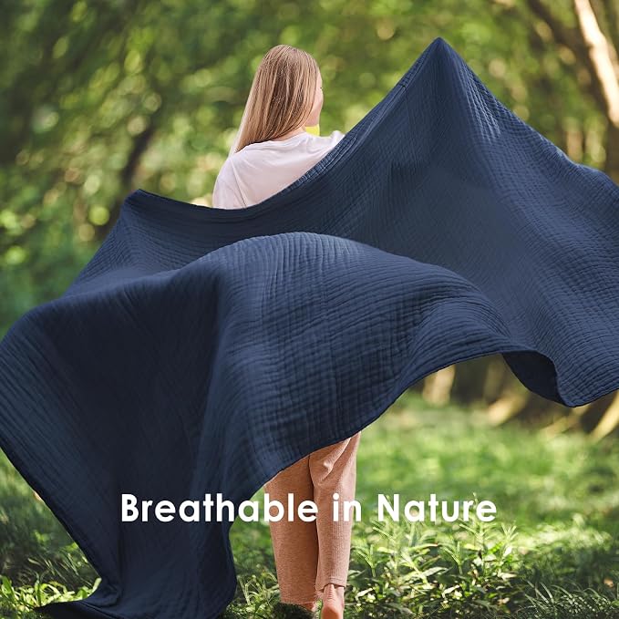 EMME Muslin Blankets for Adults Throw Blanket for Couch Breathable Gauze Soft Lightweight Airy Navy Super King 120" x 94"