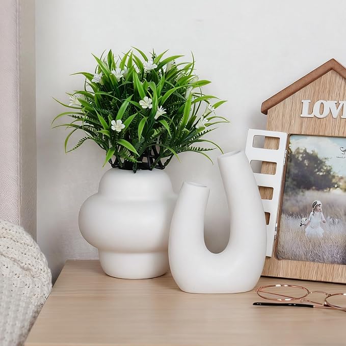 CUCUMI Ceramic Flower Vase Set of 5 Modern Boho Style Decorative Vases | Farmhouse Vases Home Decor, Matte Ceramic Decorations for Living Room, Bookshelf Mantle Entryway Table or Console Décor