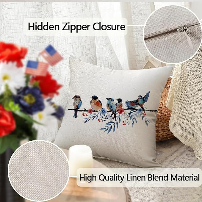 RABUSOFA 4th of July Memorial Day Patriotic Throw Pillow Cover,20x20 Inch Red White and Blue Birds Flowers Independence Day American Fourth of July Decoration for Sofa Couch