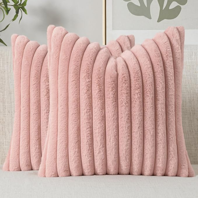 MIULEE Faux Fur Decorative Euro Sham Pillow Covers 24x24 Blush Pink 2 Pack | Modern Cute Soft Plush Couch Pillows, Cozy Fluffy Cushion Covers for Sofa Bed Living Room Home Decor