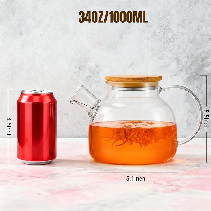 PARACITY Glass Teapot Stovetop, Borosilicate Clear Tea Kettle with Removable 18/8 Stainless Steel Infuser, Teapot Blooming and Loose Leaf Tea Maker Tea (transparent, 34oz-bamboo lid)