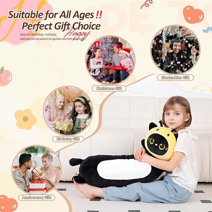 36 inch Bee Black Cat Long Plush Body Pillow Toy, Kitten Plushies with Stuffy Honeybee Oufit Big Stuffed Animals Gfit for Kids Boys Girls, Birthday