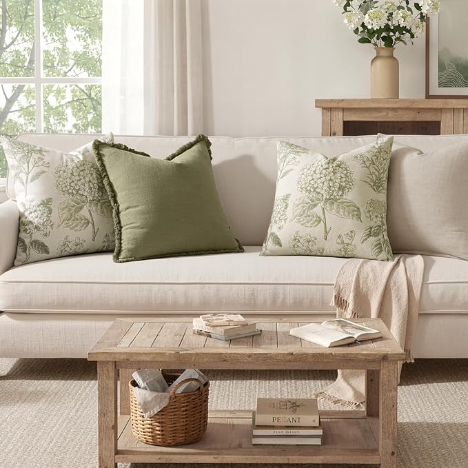 Set of 2 Decorative Floral Pillow Covers 18x18 Inch Sage Green | Neutral Hydrangea Print, Boho Vintage Throw Cushion Covers, Cottagecore Home Decor, for Sofa Couch Porch Bedroom Living Room