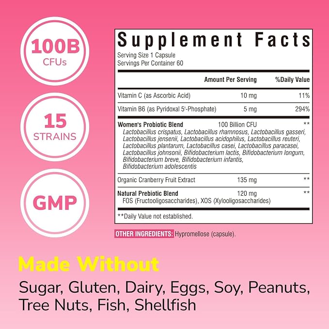 Vitalibre Probiotics for Women 100 Billion CFU 15 Strains, DailyProbiotic & Prebiotic Supplement with Organic Cranberry to SupportVaginal, Digestive, Immune Health, Shelf Stable, 60 Vegan Capsules