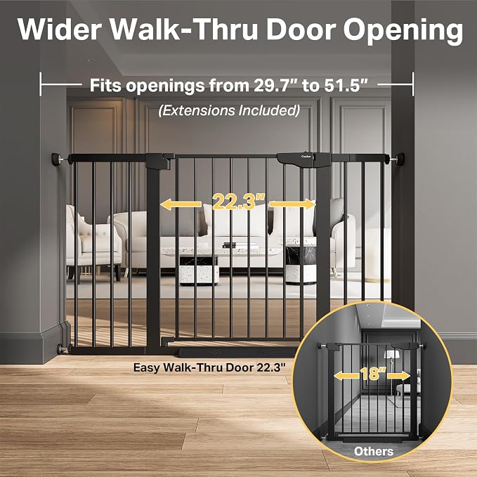 Cumbor Pack of 2 Extra Wide Baby Gate for Stairs, 29.7–51.5" Pressure Mounted Dog Gate for Doorways, Auto Close Safety Pet Gate, Easy Walk Thru Wide Child Gate, Black, Mom's Choice Award Winner