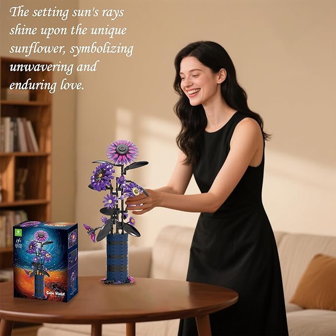 Sunflower Building Set Flowers Bouquet Purple Botanicals Collection Compatible with Lego Flowers for Adults Women Girls 14+ Home Office Decor