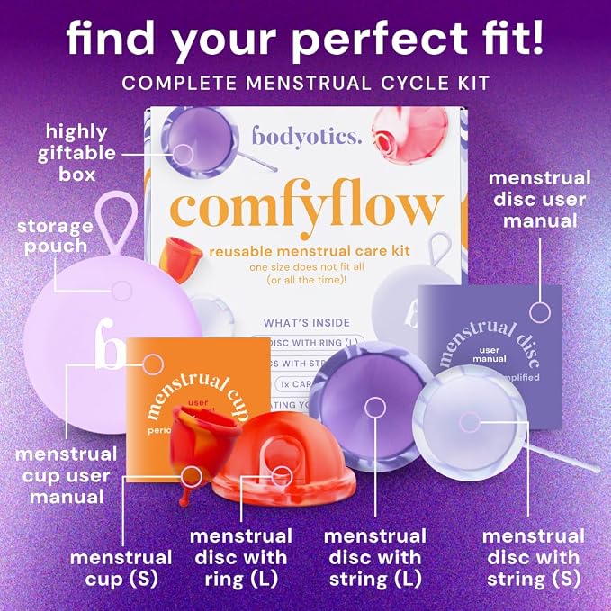 Comfyflow - Reusable Period Care Pack - Menstrual Cup and Discs with String, Ring, and Carrying Pouch - Comfort-Fit Design - Includes E-Book Guide - 5 Pack