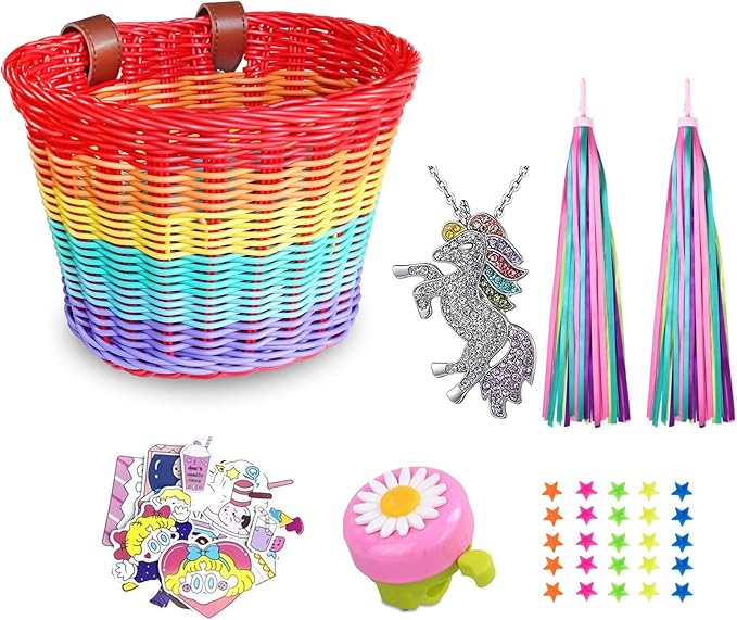 Kids Bike Basket, Wicker Handlebar Bicycle Basket for Girls With Unicorn Necklace, Bell, Streamers, Stickers Decoration Accessories Set