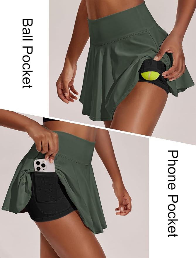 PINSPARK Womens Tennis Skirt 14" Pleated Athletic Golf Skorts with Pockets | High Waist, Tummy Control, Mini, Breathable, Lightweight, Soft, Built in Shorts, Pickleball, Casual