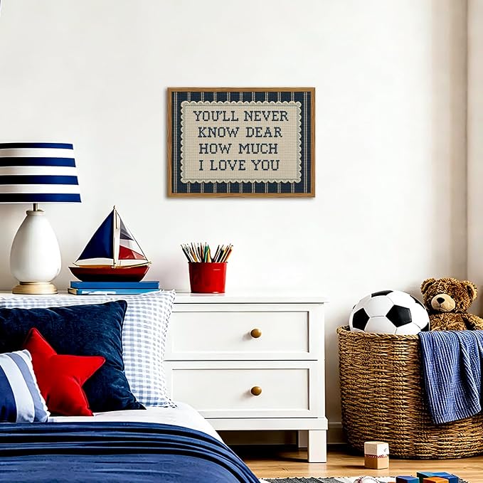 Framed You'll Never Know Dear How Much I Love You Wall Art, Vintage Nursery Blue Striped Pictures Wall Decor, Inspirational Quote Paintings Canvas Prints for Baby Boy Bedroom Living Room 16x24 inch