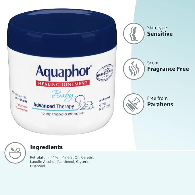 Aquaphor Baby Healing Ointment Advanced Therapy Skin Protectant for Chapped or Dry Skin, Drool Rash and Diaper Rash Ointment, 14 Oz Jar (Pack of 12)