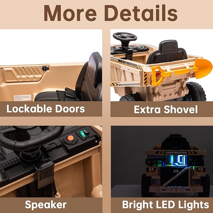 POSTACK 12V Ride On Construction Truck,Battery Powered Ride On Car with Remote Control, Kids Electric Vehicle with Shovel, Bluetooth, Music, Speaker, Boys Girls Gift, Khaki