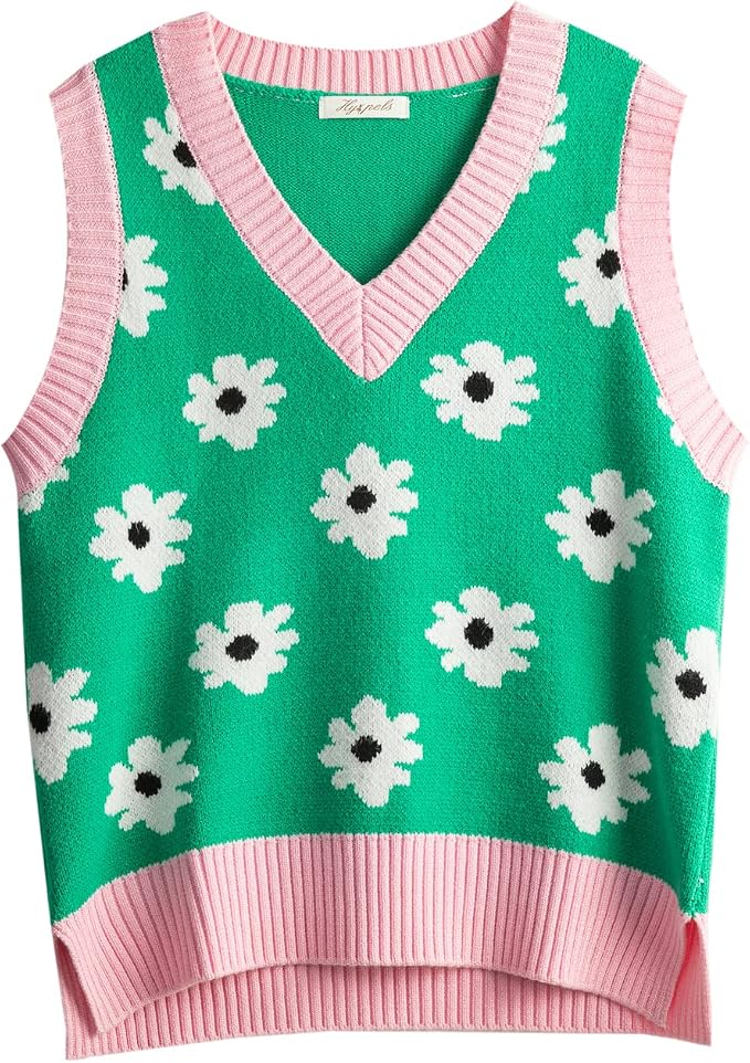 Women's Sweater Vest,Y2K Sleeveless Pattern Preppy Style Knitted Crop Tank Top for Girl