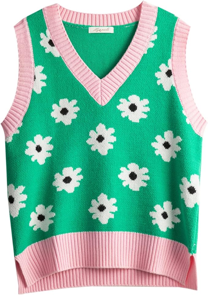 Women's Sweater Vest,Y2K Sleeveless Pattern Preppy Style Knitted Crop Tank Top for Girl