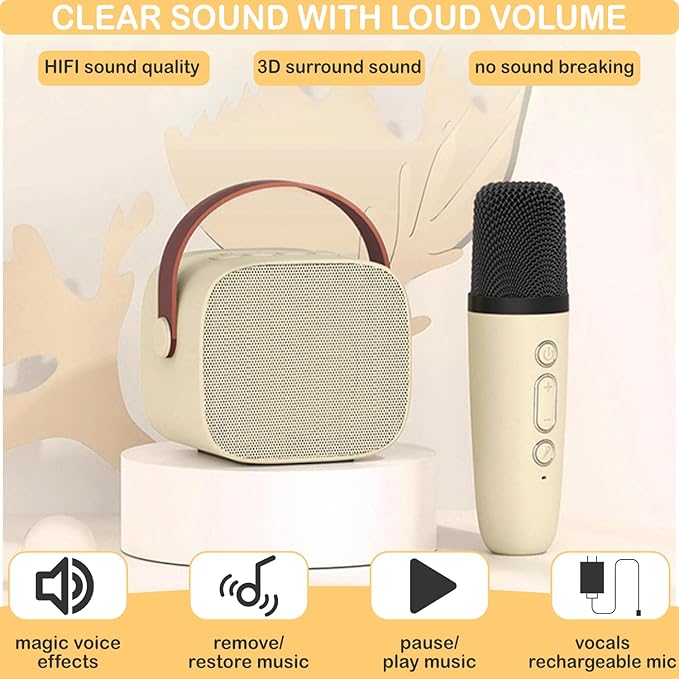 Mini Karaoke Machine for Kids Adults, Mini Portable Bluetooth Karaoke Speaker with 1 Wireless Mics and LED Lights for Kids Adults, Christmas Birthday Gifts Toys for Girls Boys Family Home Party