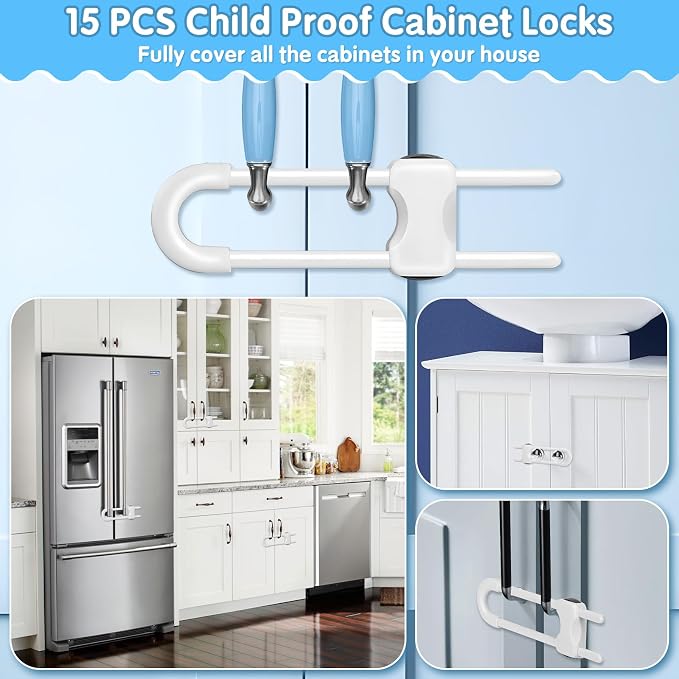 Modacraft 15 Pcs Sliding Cabinet Latches, U Shaped Cabinet Door Locks, Baby Cabinet Safety Latches for Baby Proofing, No Drilling Tool-Free Installation Easy to Use for Knobs or Handle Double Door