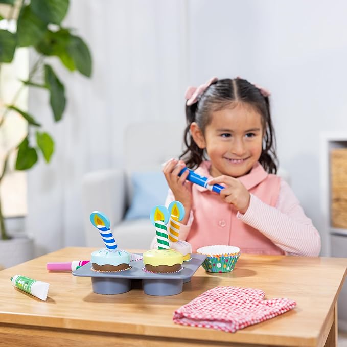 Melissa & Doug Bake & Decorate Wooden Cupcake Kit, with Play Food, Toppings & Play Kitchen Accessories, Preschool Learning Toys for Girls & Boys 3+