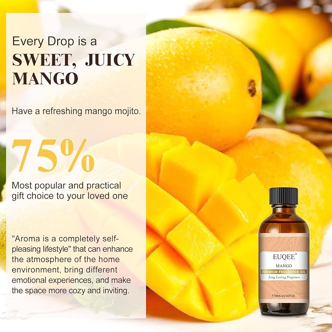 EUQEE Mango Fragrance Oil 60ml for Diffusers (2.02 Fl oz) | Fragrance Oil with Glass Dropper for Soap & Candle Making, DIY Bath Bomb