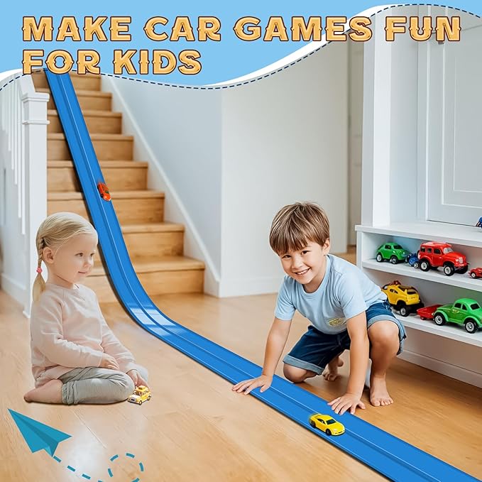 Flex Track 15 Ft Starter Set, Flexible Race Car Ramp Track for Ages 3 & Up with Suction Cups Compatible with Hot Wheels and Diecast 1/64th Cars (Blue)