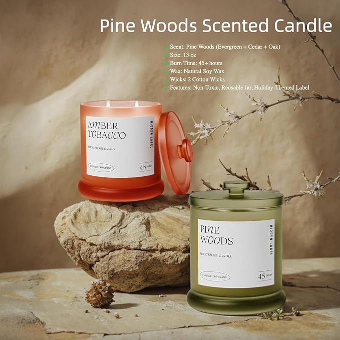 Hidden Label Pine Woods Soy Candle, 13oz 2-Wick, 45H Winter Holiday | Long Burn | Christmas Fir Aromatherapy | Non-Toxic Formula | Twin-Flame, Even Melt | Festive Gift