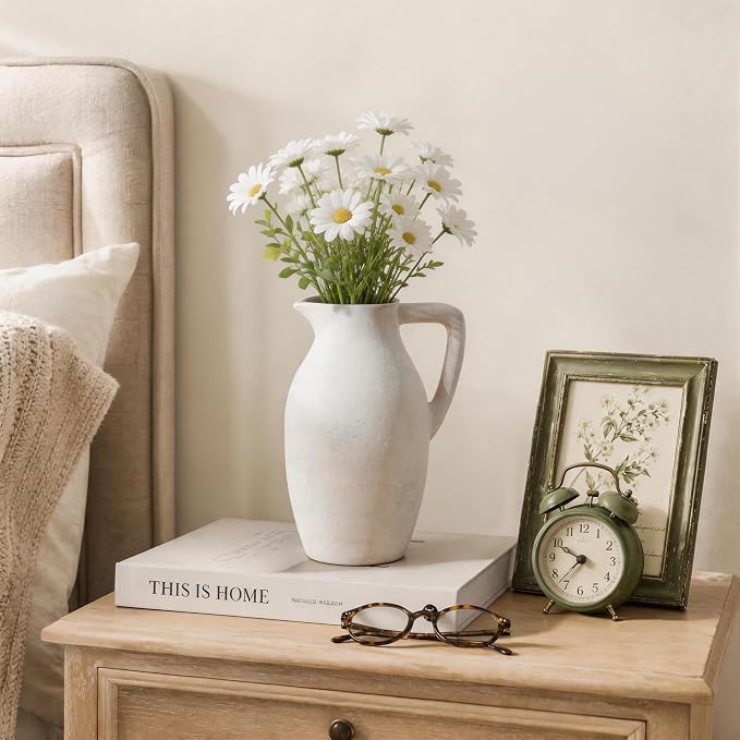Ceramic Flower Vase with Handle, 9.65 inch Tall Ceramic Vase Home Decor Farmhouse Vases Terracotta Table Vases for Living Room Bathroom Modern Boho Coffee Table Centerpieces Bookshelf Kitchen, White