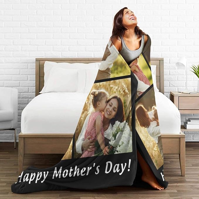 Custom Halloween Blanket Gift for Kid Boy Girl, Personalized 4 Photo Blanket, HD Printing Customized Flannel Throw Blanket Gifts for Mom Dad Couple Girlfriend Boyfriend Wife Husband