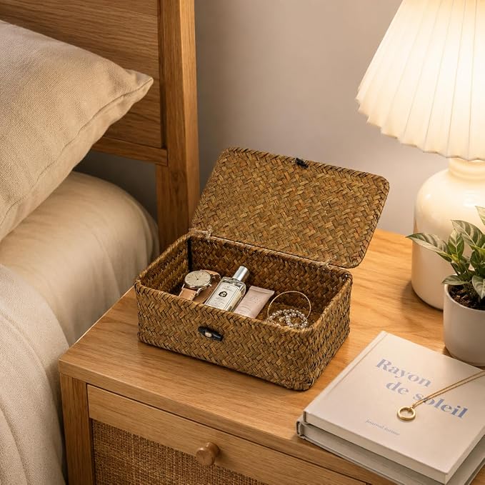 Seagrass Wicker Storage Basket with Lid, Small, Black | 9.05 x 5.11 x 3.34 Inch Box, Shelf Organizer, Rectangular Woven Bin, Small Item Storage, Decorative Color