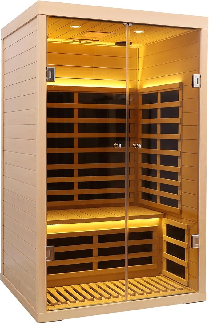 2 Person Infrared Sauna, Low EMF Far Infrared Sauna Hemlock Wooden Sauna for Home, 1780W Indoor Sauna with App & LCD Panel Control, Tempered Glass Doors
