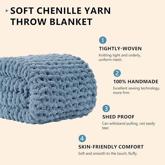 L'AGRATY Chunky Knit Throw Blanket for Couch, 60 x 80 Inches, Airy Blue | Handmade Chenille Crochet Blanket for Sofa Bed, Thick Cable Knitted Blankets for Room Home Decor, Birthday Gift for Women Mom