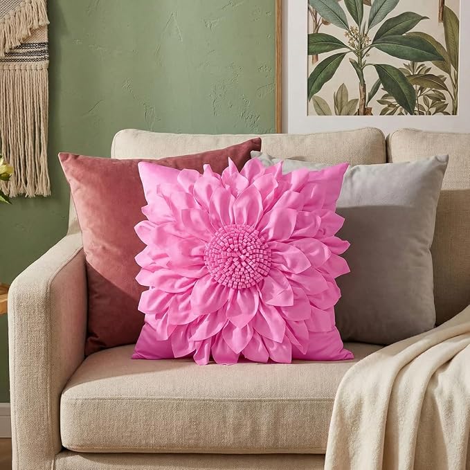 Hot Pink Accent 3D Flower Decorative Throw Pillow Covers for Bed Sofa Couch | Bella's Giftshop Handmade Sunflower Taffeta Pillow Cases Living Room Bedroom Decor, 18x18 Inch