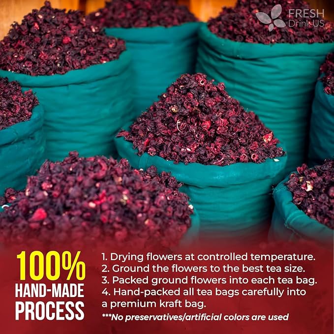FRESHDRINKUS 140 Hibiscus Flowers Tea Bags, 100% Natural, Pure from Hibiscus Flowers. Loose Flower Hibiscus Herbal Tea. Hibiscus Flower Tea. No Sugar, No Caffeine, No Gluten, Vegan.