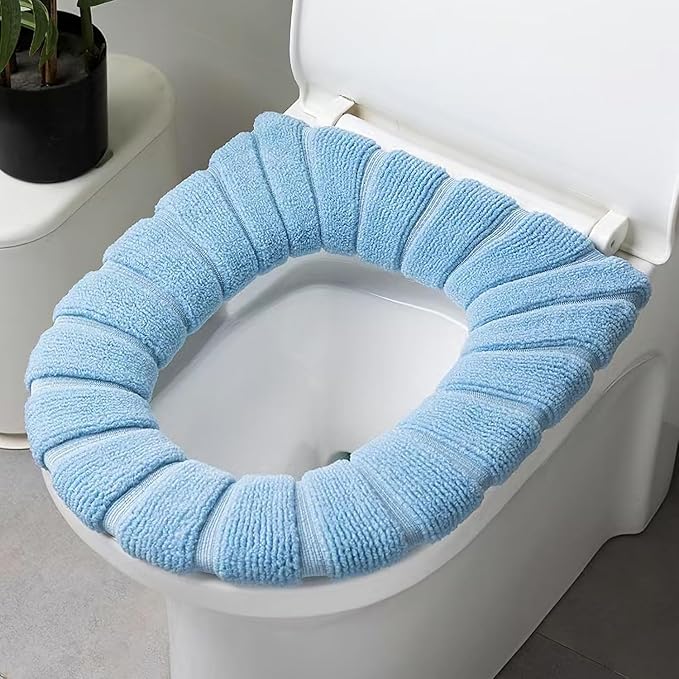 5 Pack Soft Washable Toilet Seat Covers, Thicker & Warmer Stretchable Cloth Pads for Bathroom, Cozy Pink Toilet Accessories Blue