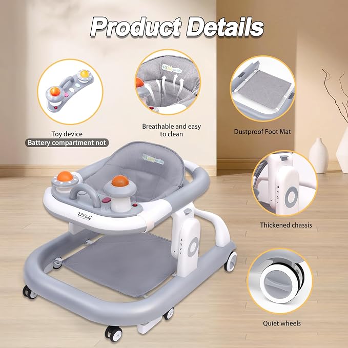 5-in-1 Baby Walker with Wheels Foldable Height-Adjustable Walker for Baby Boy 6-12 Months with Feeding Tray Multi-Functional Activity Center Battery-Free Function (Grey)