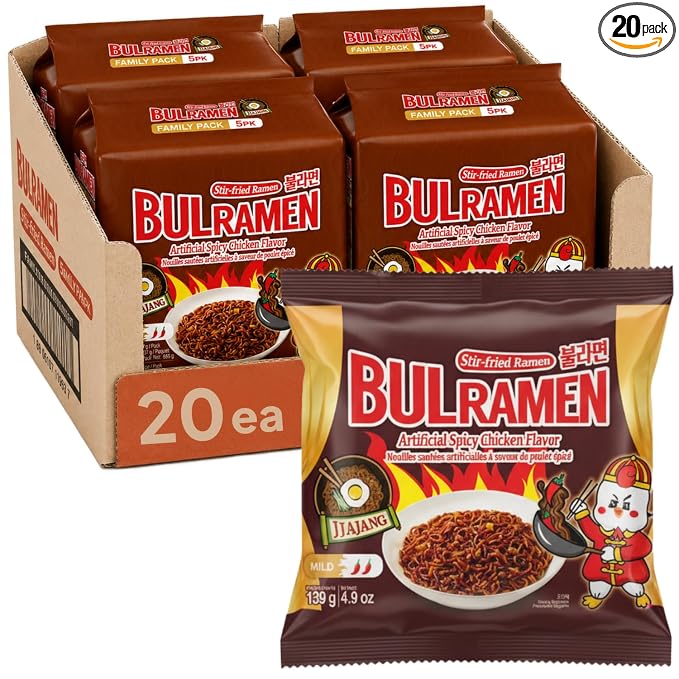 Korean Food Bulramen Stir-Fried Jjajang Black Bean Instant Noodles 20 Packs | Stir-fried Korean black bean instant noodles with spicy chicken-style flavor. Includes 20 convenient packs.
