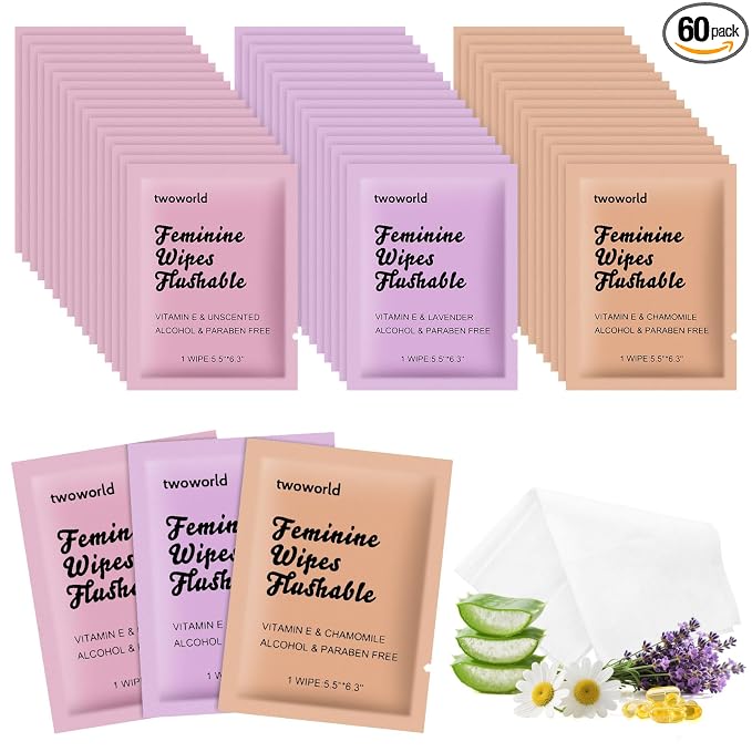 twoworld 60 Feminine Wipes Individually Wrapped,Flushable Wipes Travel | Feminine Care Vaginal Wipes for Adult,Women,Girl and Homeless (Unscented,Lavender and Chamomile)