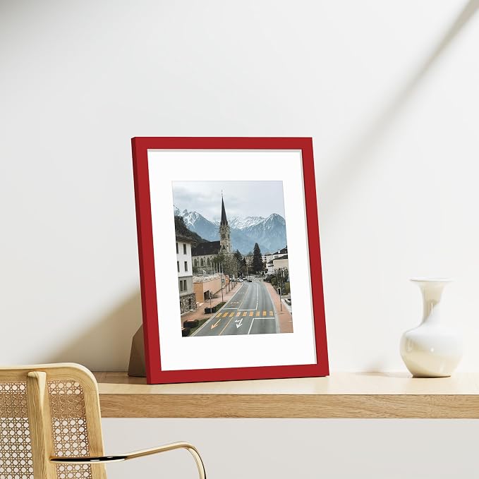 Vittanly 11x14 Picture Frames Set of 9 for Wall Mounting, Red | Display Pictures 8x10 with Mat or 11x14 without Mat, Engineered Wood with Shatter Resistant Plexiglass, Gallery Photo Frames