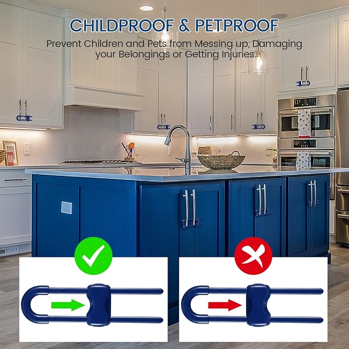 Jetec 10 Pack Baby Cabinet Locks, No Adhesive No Drill Child Safety Locks for Cabinets with Knobs or Handles, Adjustable U-Shaped Child Proof Latches for Cupboards, Fridge, Closet, Pets(Blue)