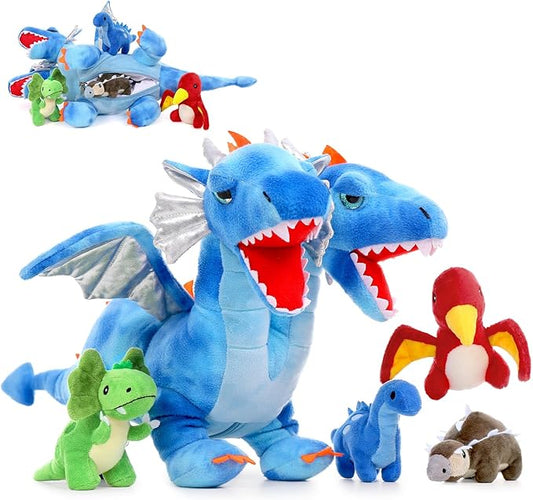 Tezituor Double Headed Dragon Stuffed Animals, 5 PCs Stuffed Dinosaur Plush Toys Set, Mommy Dragon with 4 Baby Dinosaurs Plushies Inside,Dino Gift for Girl Boy, 20 inch