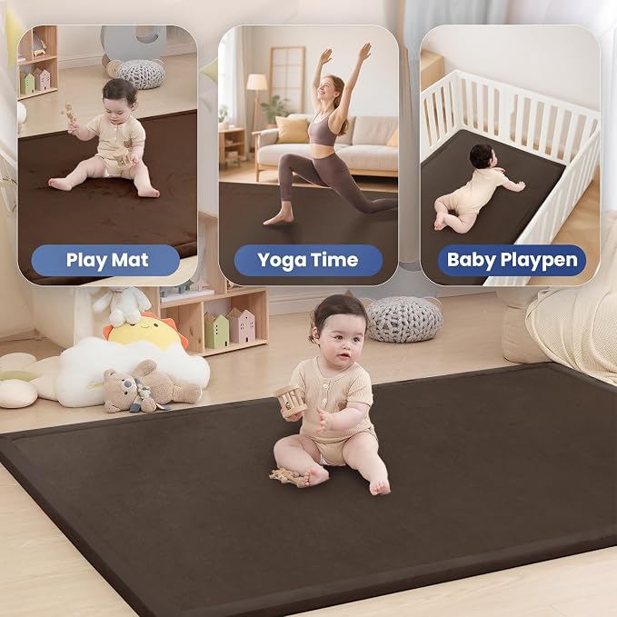 Extra Large 79"x118" Baby Activity Play Mat for Floor, 1.3" Thick Elasti Foam for Tummy Time & Crawling, Non-Slip Nursery Rug for Infants, Toddlers & Kids, Tatami Style Mat for Yoga, Living Room, Classroom & Playroom(Dark Brown)